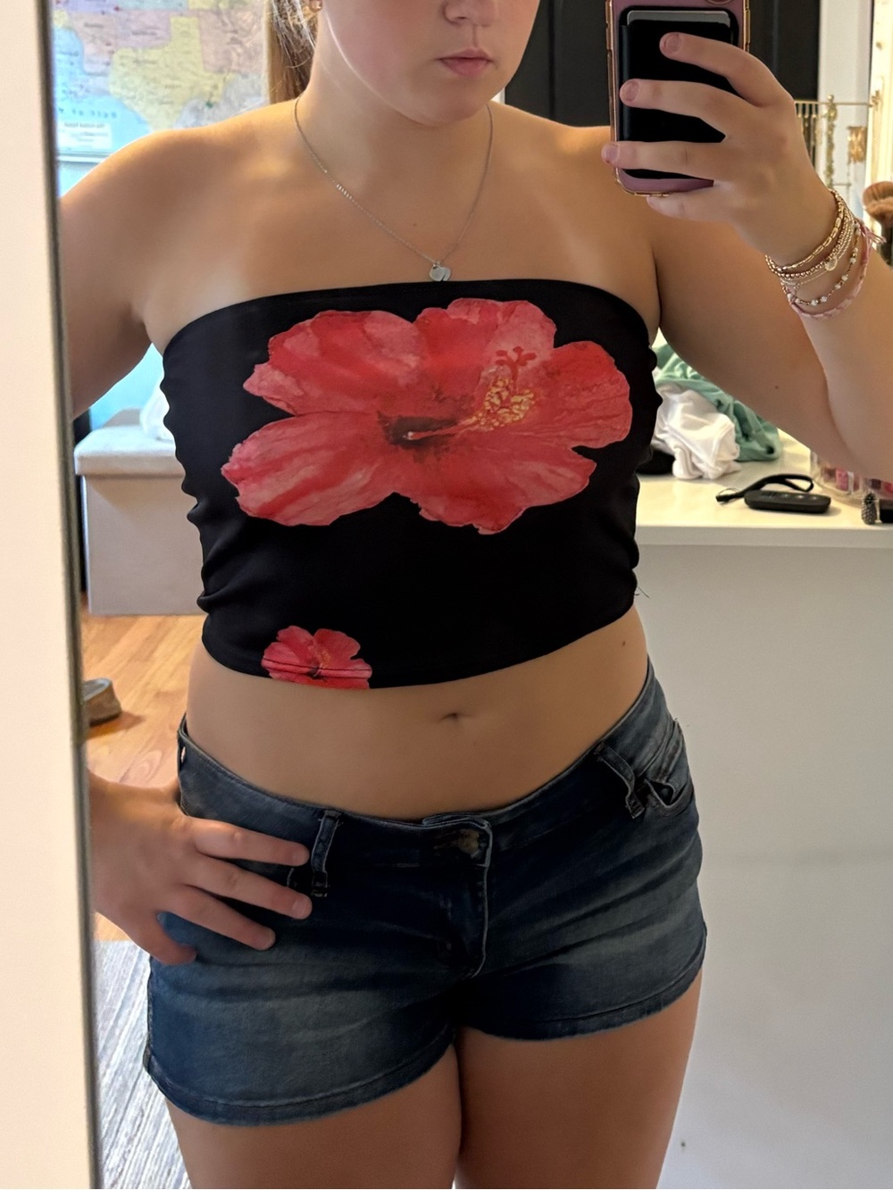 Amazon Black Strapless Cropped Tube Top with Pink Floral Hibiscus